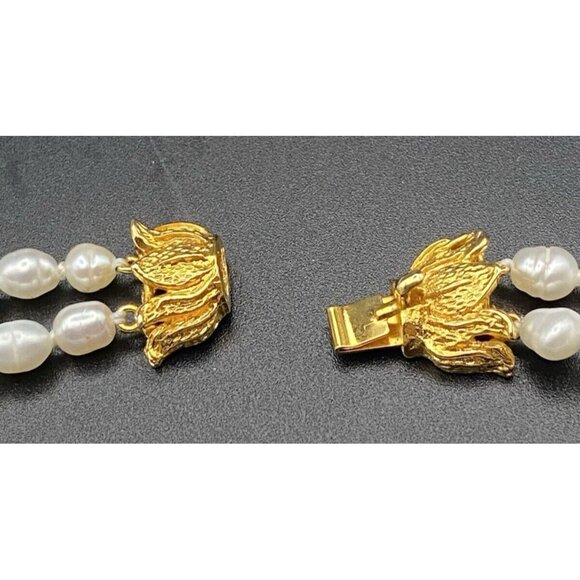 Freshwater Rice Pearl Necklace 2 Strand Hand Knotted 19" Gold Tone Floral Clasp - Picture 4 of 5